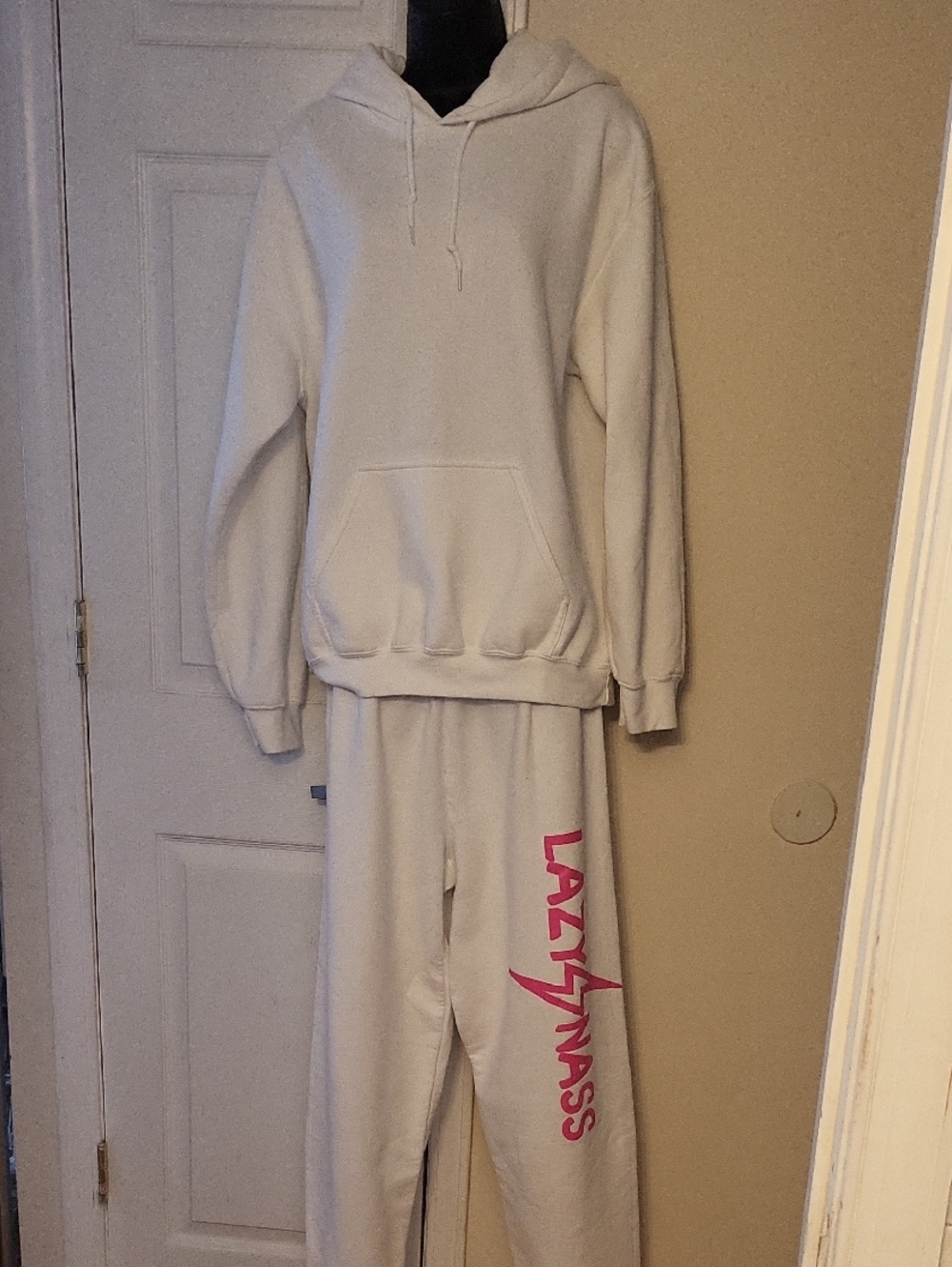 Kids' White Sweatpants And Hoodie with Pink Logo